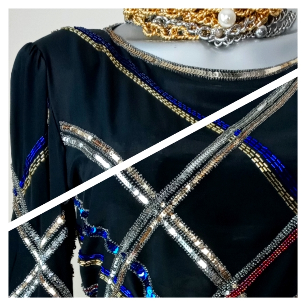 "ARGENTI" VinTage 100% Silk Sequins & Beads Cocktail Top - Picture 7 of 16